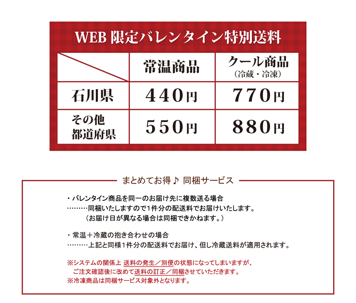 WEB 限定バレンタイン特別送料 常溫商品 石川県440円 その他都道府県550円 クール商品(冷蔵・冷凍) 石川県660円 その他都道府県770円 まとめてお得♪ 同梱サービス ・バレンタイン商品を同一のお届け先に複数送る場合 ・同梱いたしますので1件分の配送料でお届けいたします。(お届け日が異なる場合は同梱できません。) ・常温+冷蔵の抱き合わせの場合・・・・・・上記と同様1件分の配送料でお届け、但し冷蔵送料が適用されます。 ※システムの関係上送料の発生/別便の状態になってしまいますが、ご注文確認後に改めて送料の訂正/同梱させていただきます。 ※冷凍商品は同梱サービス対象外となります。